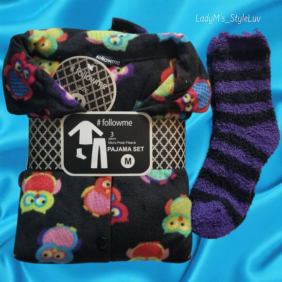 Women's Comfy, Cozy Minky Black Fleece PJs with Colorful Owl Print & Socks - Picture 2 of 3